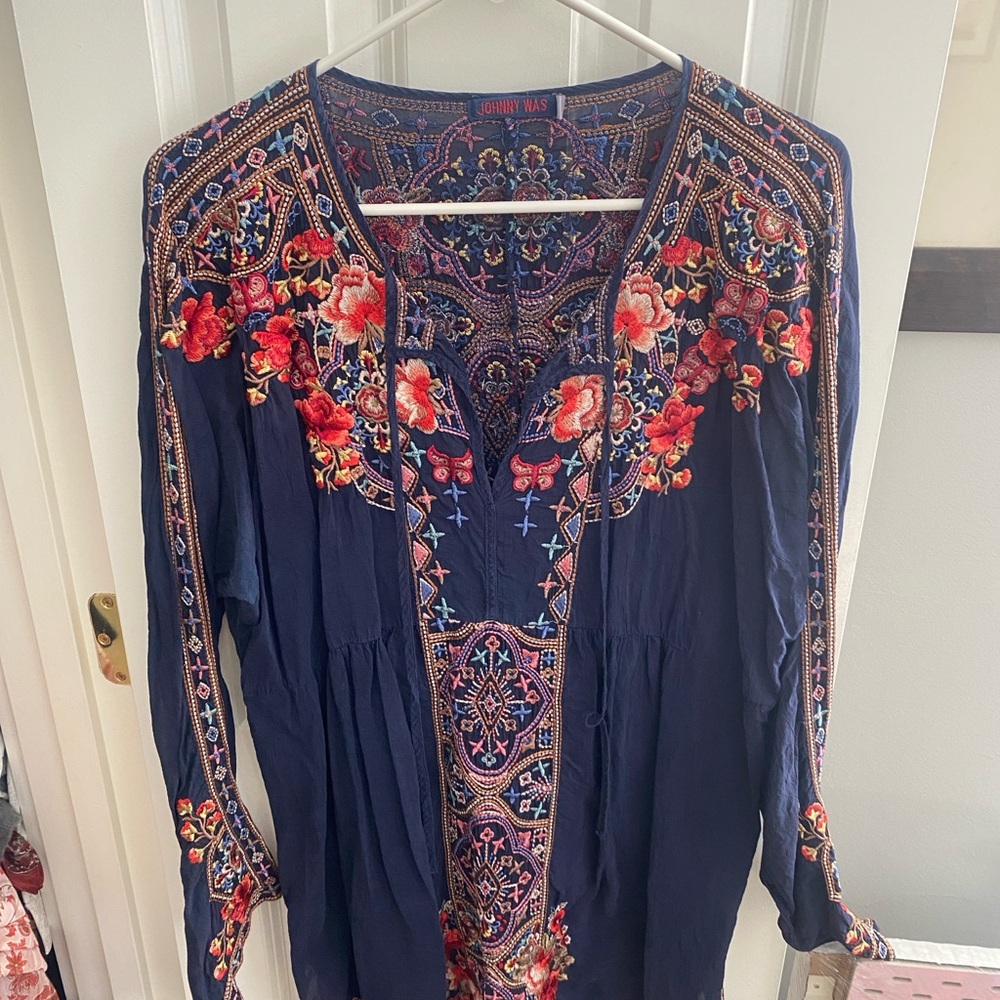 Johnny Was Navy Blouse with multicolored Embroidery